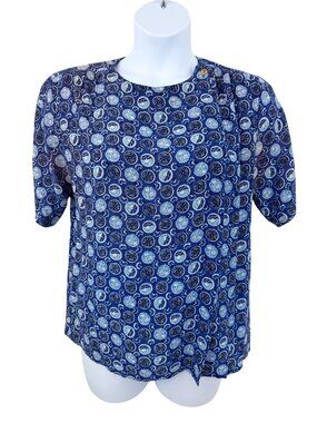 Vintage SK & Company Blue Printed Front Side Button Short Sleeve Top - M